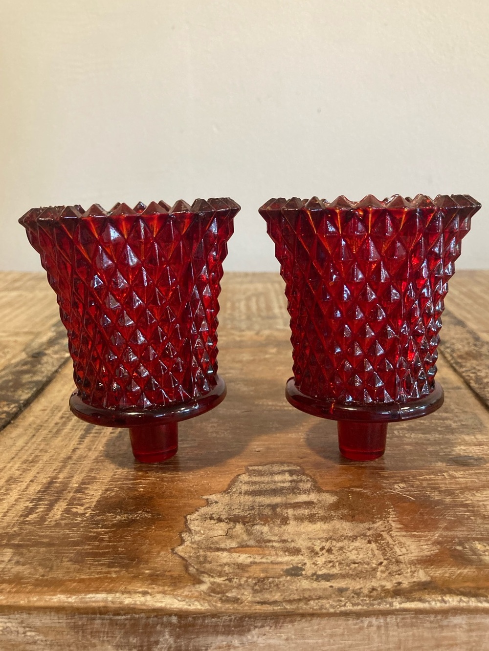 2 Pegged Glass Votive Holders Vintage Red Painted Diamond Pattern 70s-80s Decor - Picture 7 of 13